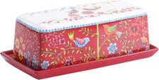 Red Spring Bird Ceramic Butter Dish with Lid, Wide Butter Keeper for Counter, Ki