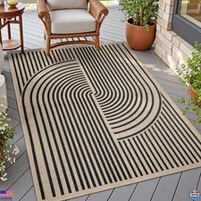 Tangsoo 3x5 Jute Outdoor Rug - Non-Slip Black Rainbow Washable Mat for Patio