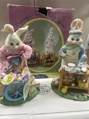 Rabbit Figurines 2 Piece Set with Eggs and Chicks Easter Decor