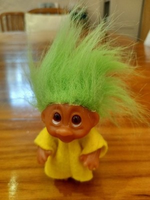 Vintage 1980s Dam Troll - Green Hair Yellow Dress / Top 3''