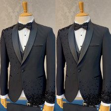 Beaded Black Men's Suit Shawl Lapel Hosting Jacket Wedding Groom Prom 3Pcs