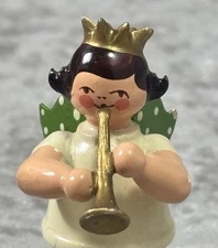 Vintage Mini German Erzgebirge Wood Angel Small Horn Trumpet Hubrig Volkskunst