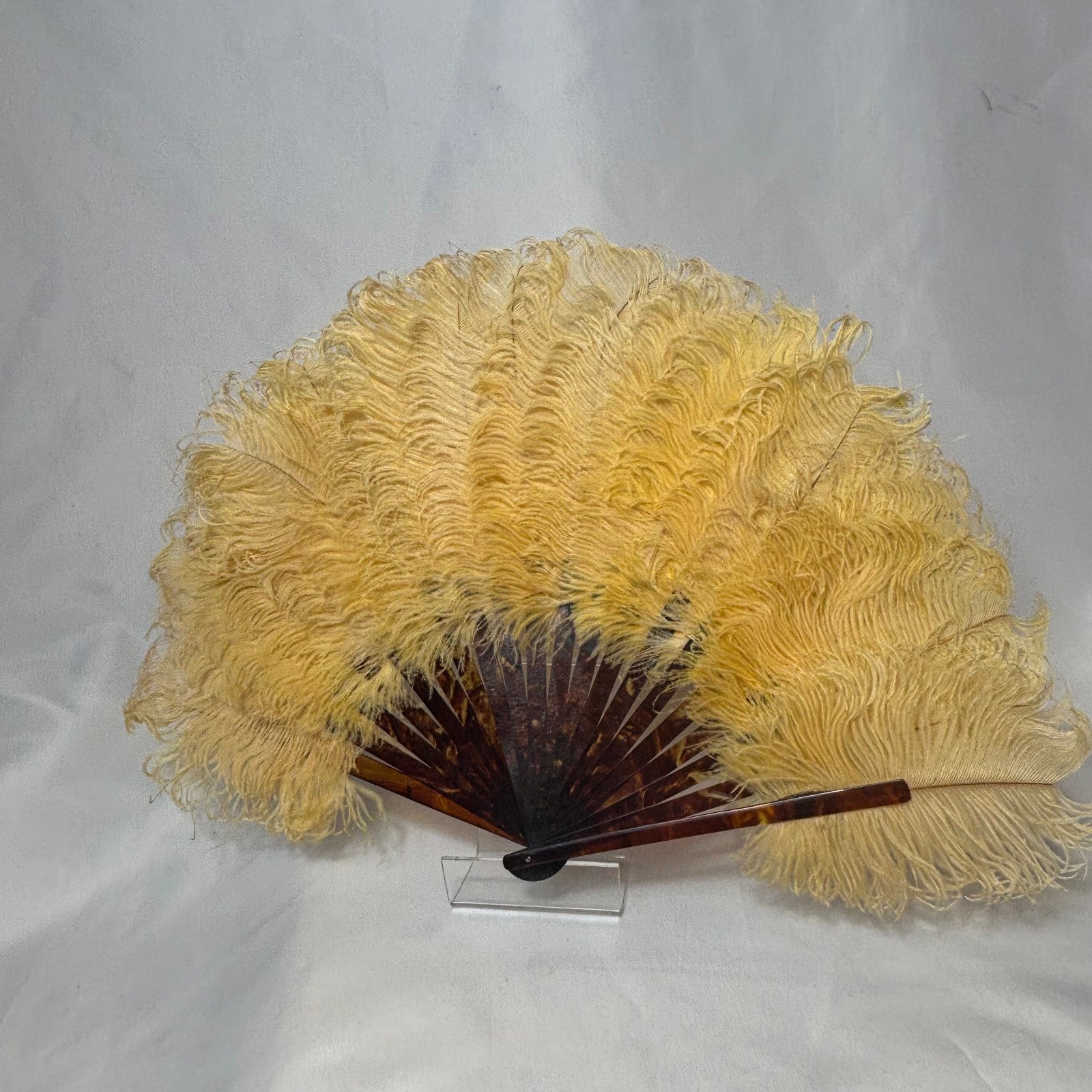 Antique Ostrich Feather Fan Dyed Yellow Shell Shaped Faux Tortoiseshell Sticks