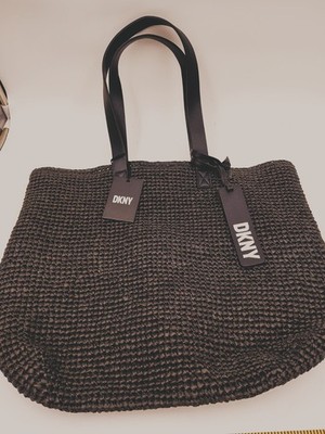 NWT DKNY Black Cali  Woven Straw Tote bag Lined W/ Inside Pockets