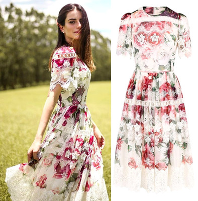 Dolce & Gabbana Floral Peony Print Lace Trim Sheer Silk Chiffon Dress IT38