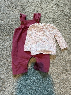 Primark Cares Toddler Clothes Pink Corduroy Overalls w Floral blouse size 0-3