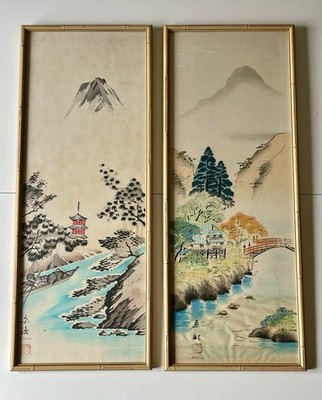 Pair Vintage Japanese Silk Landscape Paintings 1950s Mid Century