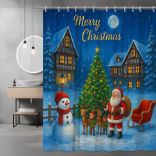 Merry Christmas Shower Curtain with Santa, Snowman, and Christmas Tree