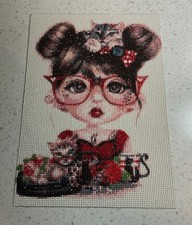 Completed Diamond Painting For Framing Girl With Kittens 13.5" x 9.5"