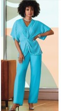 Size 2X PLUS Ashro Turquoise Blue Formal Wedding Party Beaded Knot Pant Suit Set