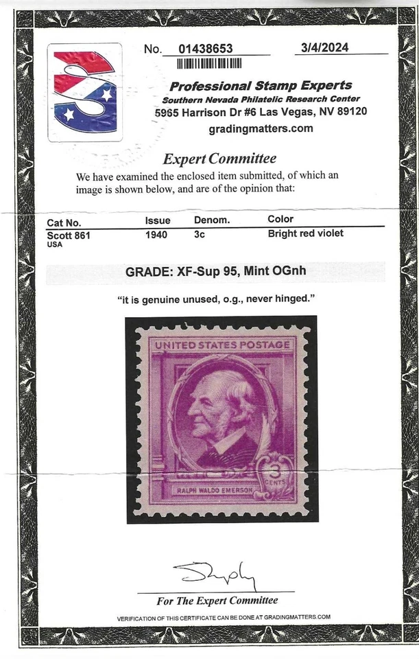 US STAMP #861 -- 3c EMERSON -- XF-SUPERB -- MINT -- GRADED 95 - Image 2 of 2