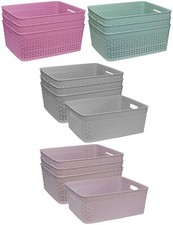 Set of 3 or 4 Rattan Storage Basket Home Office Plastic Tray Crate Container Box