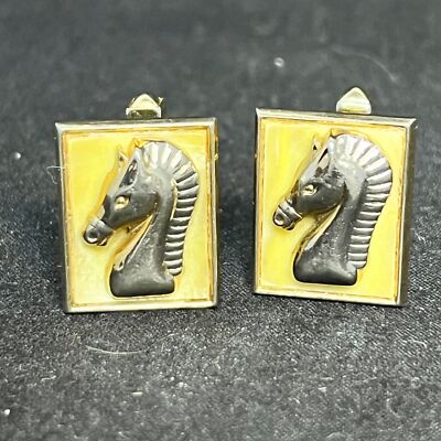 Boutons De Manchette Vintage Tête De Cheval Et Fer à Cheval - Or Et Argenté, Années 1950, Occasion
