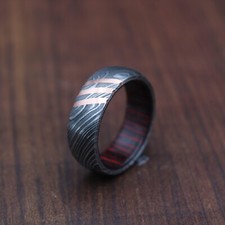 Damascus Steel Ring with Copper Inlay  Red Interior Men  s Wedding Band