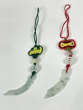 2PC Hand Carved Natural Jade Crescent Blade Pendant Knotted Cellphone Car Charm