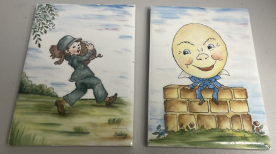 Pair 2 Tiles Wheeling Cushion Vintage Humpty Dumpty RUBY Kid Boy ~6x4'' Ceramic