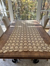 Vintage Crocheted Knit Table Runner Ecru Brown Handmade Cotton Flower Lace READ