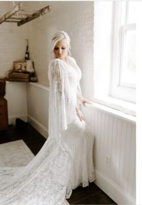 Tulle Bridal Boho Lace Wedding Dress With kaftan Cape Sleeves Rue