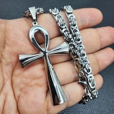 Stainless Steel Ankh Necklace Cross of Life Pendant 22" Byzantine Chain Necklace