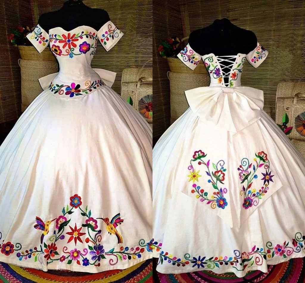 Mexican Colorful Embroidered Quinceanera Dress Off The Shoulder Satin Prom  Gown