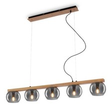 Pendelleuchte 5x E14 Deckenlampe 5-flammig Dimmbar Metall Glas Holz Rauchglas