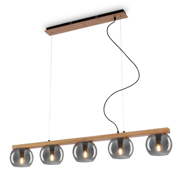 Pendelleuchte 5X E14 Deckenlampe 5-Flammig Dimmbar Metall Glas Holz Rauchglas-image