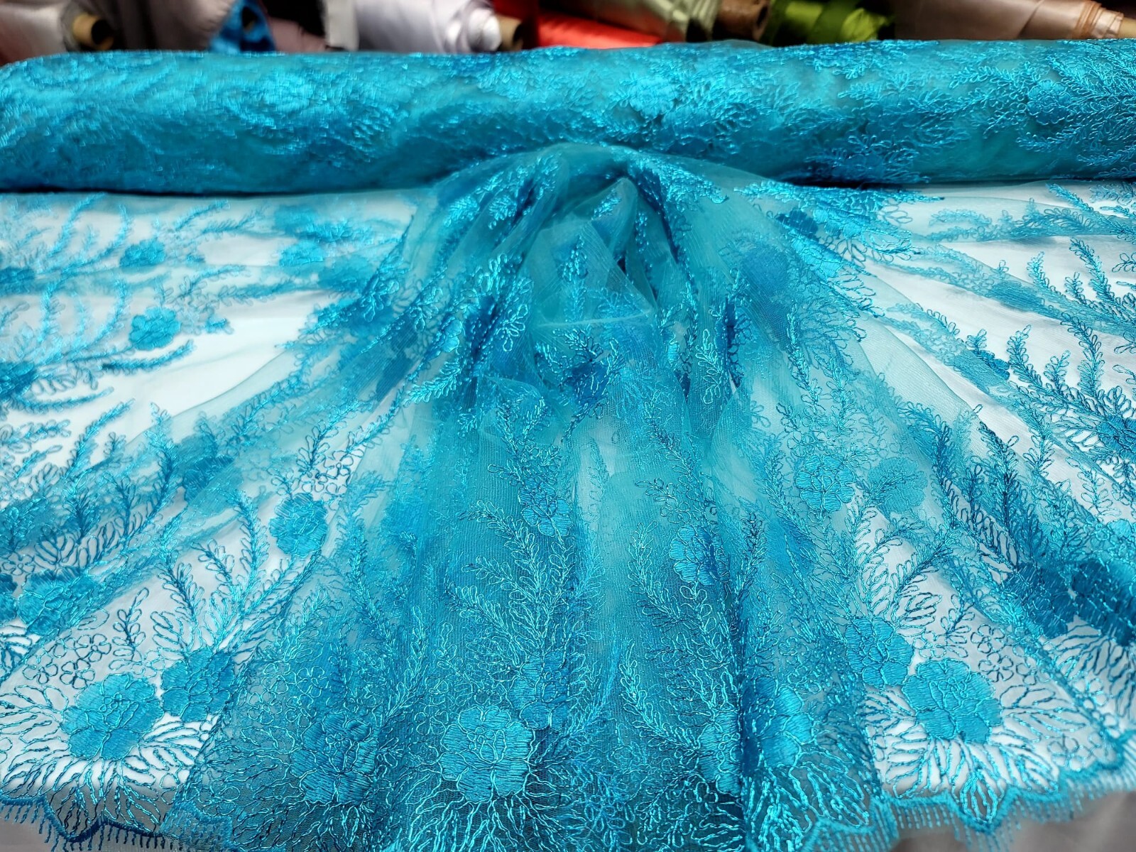 Lace Floral Flowers  Fabric Sold By the Yard Gown Embroidery Sequins Turquoise 