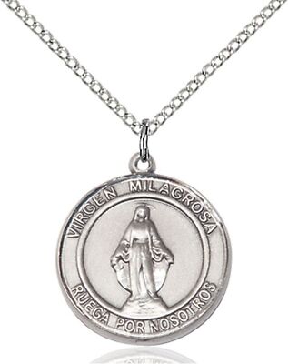 Sterling Silver Virgen Milagrosa Medal Pendant Necklace 18'' Chain GiftBox