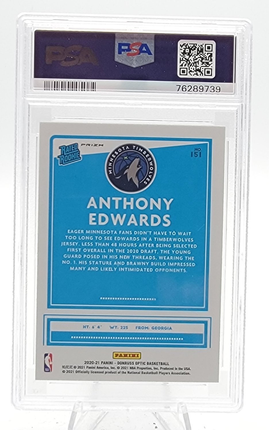 ANTHONY EDWARDS 2020-21 DONRUSS OPTIC RATED ROOKIE HOLO ROOKIE RC PSA 10 Q7706 view 2