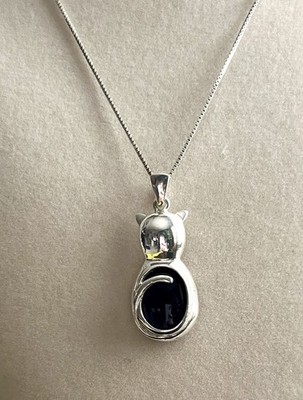 Stunning Sterling Silver Black Onyx Cat 1.5  Pendant Necklace 18  Chain Marked A