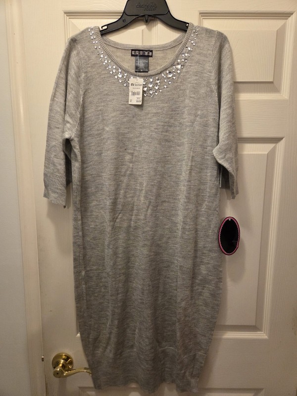 Paper Doll 1X Sweater/Dress Grey Rhinestone NWT