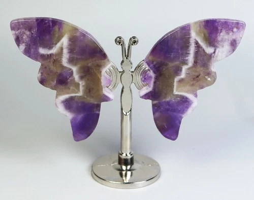 Natural Amethyst Quartz Crystal Stone Butterfly Wings Statue Decor + Stand