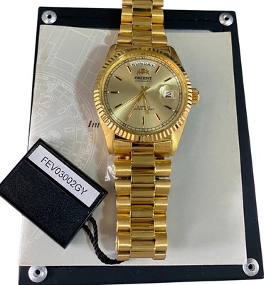 Orient President Automatic Day-Date Gold Dial Stainless Steel Watch NOS Rare