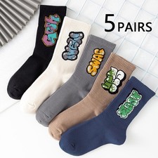 5/10 Pairs Men's Multicolour Crew Socks, Graffiti Lettering, Street Style, Uniqu
