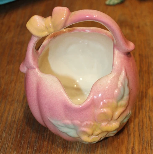 McCoy (?) Pottery Basket Planter Pink with Flowers and Butterfly USA 84