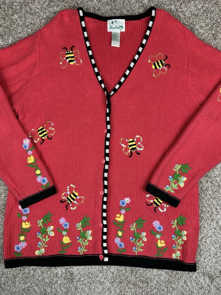 Quacker Factory Bumble Bee Flower Cottagecore Sweater Women Sz L Pink Coral EUC - Image 4 of 4