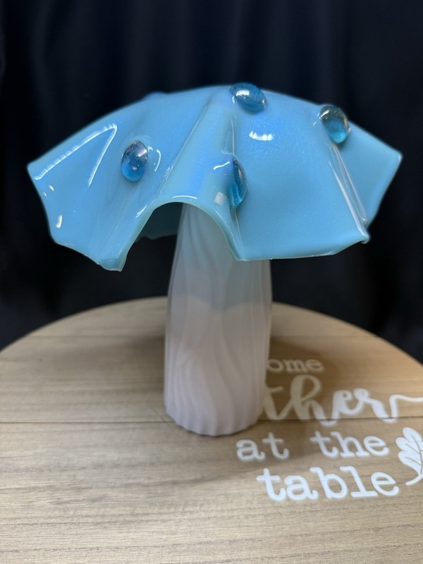 Indoor Slate Blue Top Mushroom With Glass Beads And Grey Plastic Stem / 8.5”