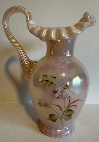 Fenton Champagne Opalescent Iridized Stripe Optic HP Flowers/Butterfly Vase
