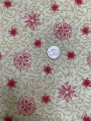BTY  - Vintage  Gold Design With Red Snowflake Cotton Fabric - NOS