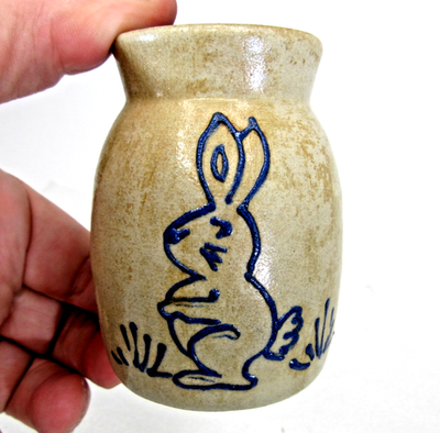#ad BBP Beaumont Brothers Pottery blue salt glazed Bunny Rabbit crock miniature 3quot; $24.64