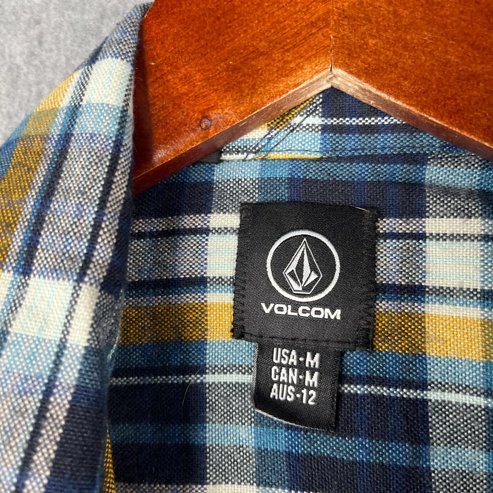 Camisa Volcom Juvenil Mediana Azul Amarillo Franela a Cuadros Sensación Informal Logo Foto 4 de 4