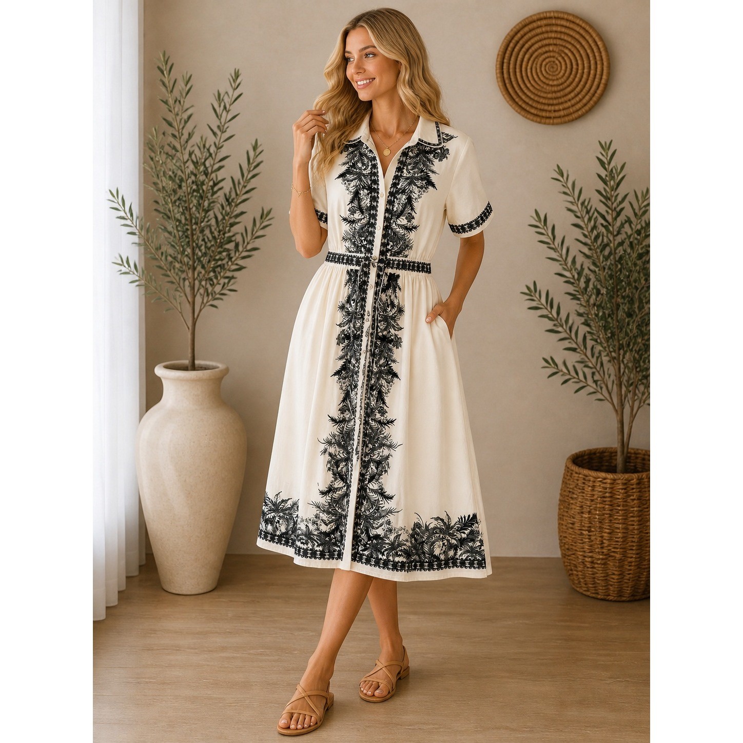 Max Studio London Cream Black Embroidered Linen Blend Midi Shirt Dress Womens M