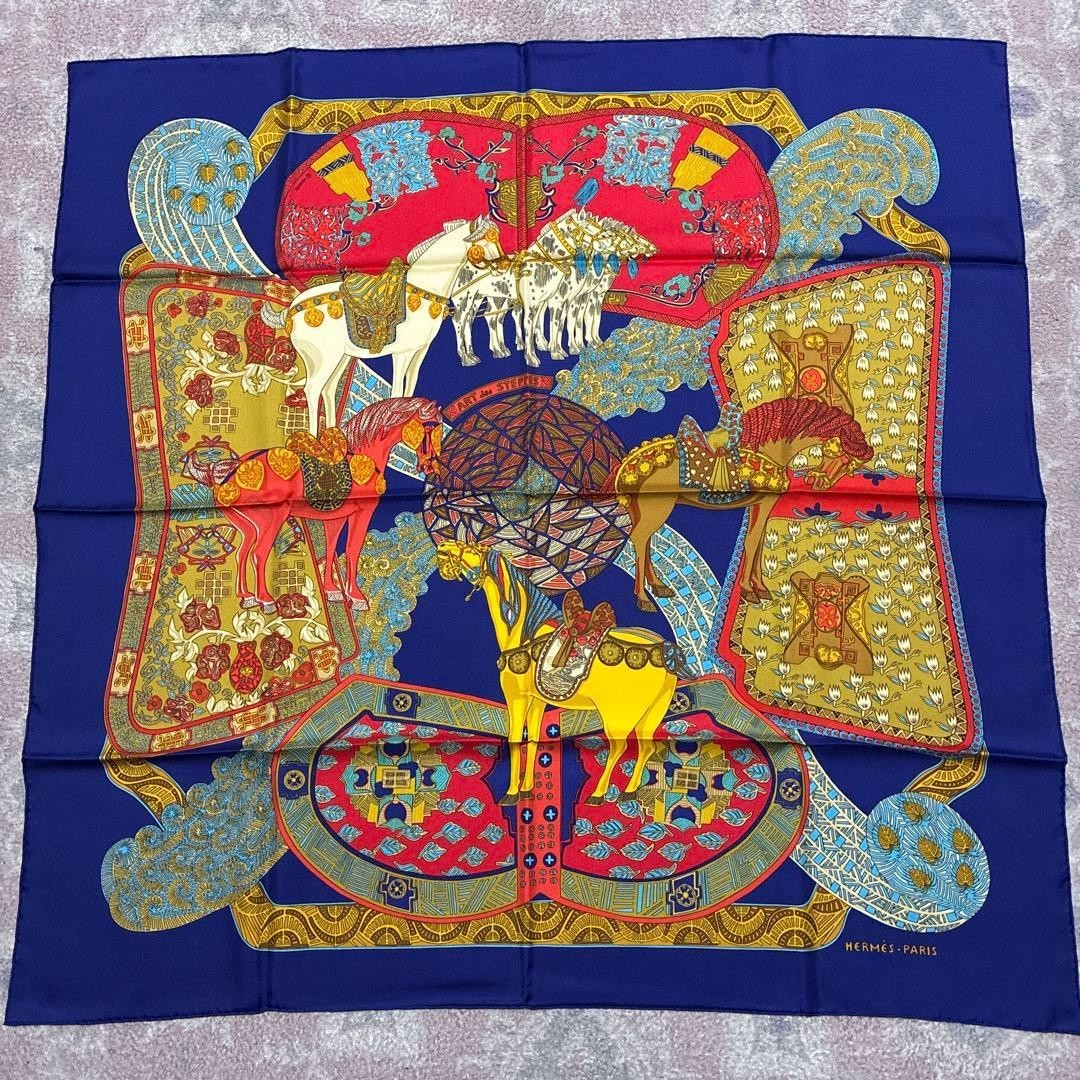Hermes Art des Steppes Silk Scarf Carre 90 cm Navy Multicolor NM w/Box Auth