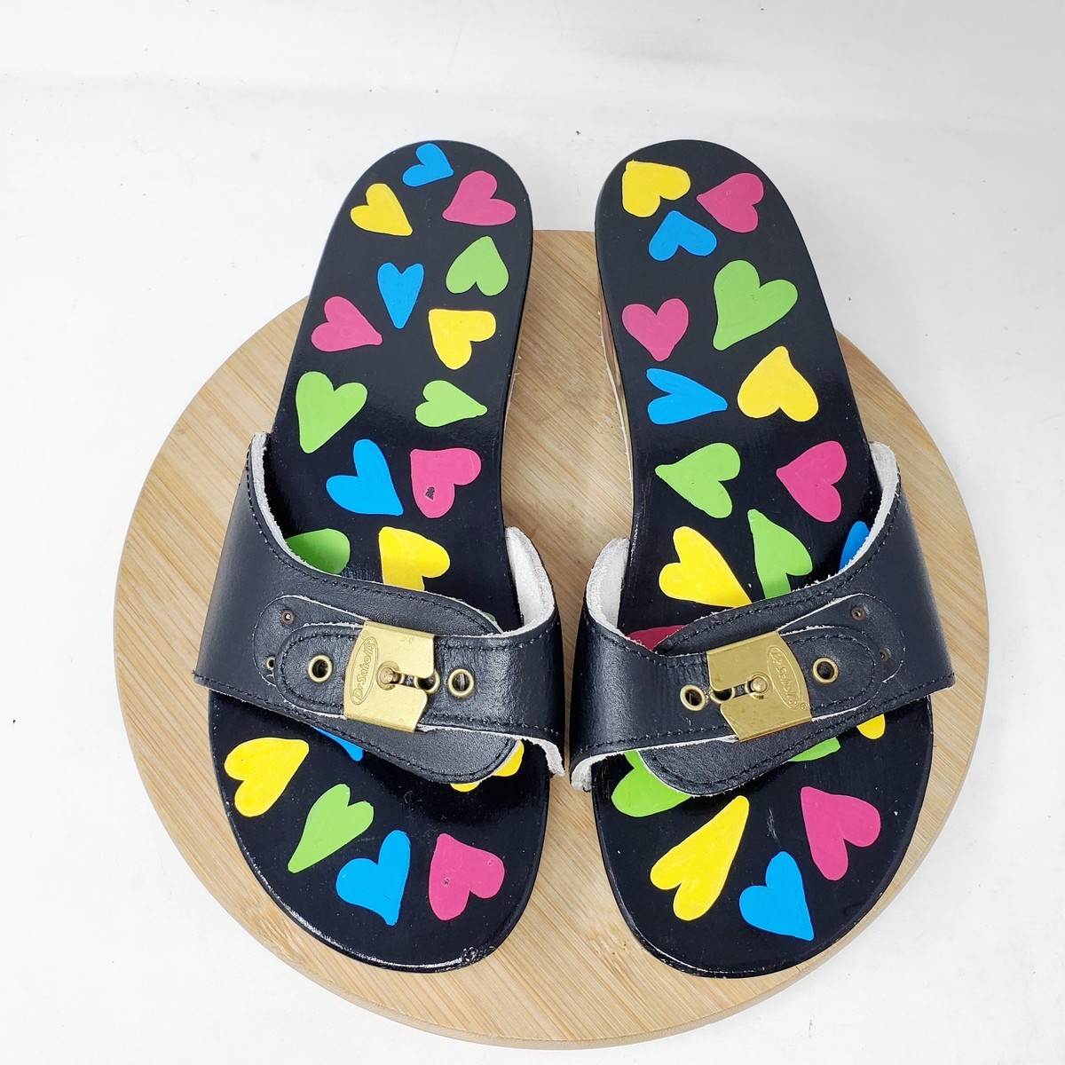 Dr Scholls Wooden Slide Sandals Womens Original Clog Black Hearts Custom  Paint