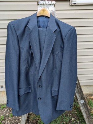 Vintage  CIRCLE S  2pc Western Suit  Mens 42L Pants 34 X 30 Slate Blue  Made USA