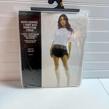 KBW Halloween Costume Cropped T Shirt Womens S/M White Rhinestone Fringe Trim