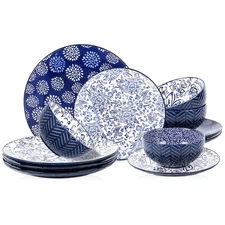Embossed Dinnerware Sets 12 Piece, Ceramic Dishes set for 4, Kitchen Plates a...