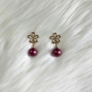 Authentic Cherry Blossom Pink Sakura Pearl Bead Gold Plated Stud Earrings Dangle Earring
