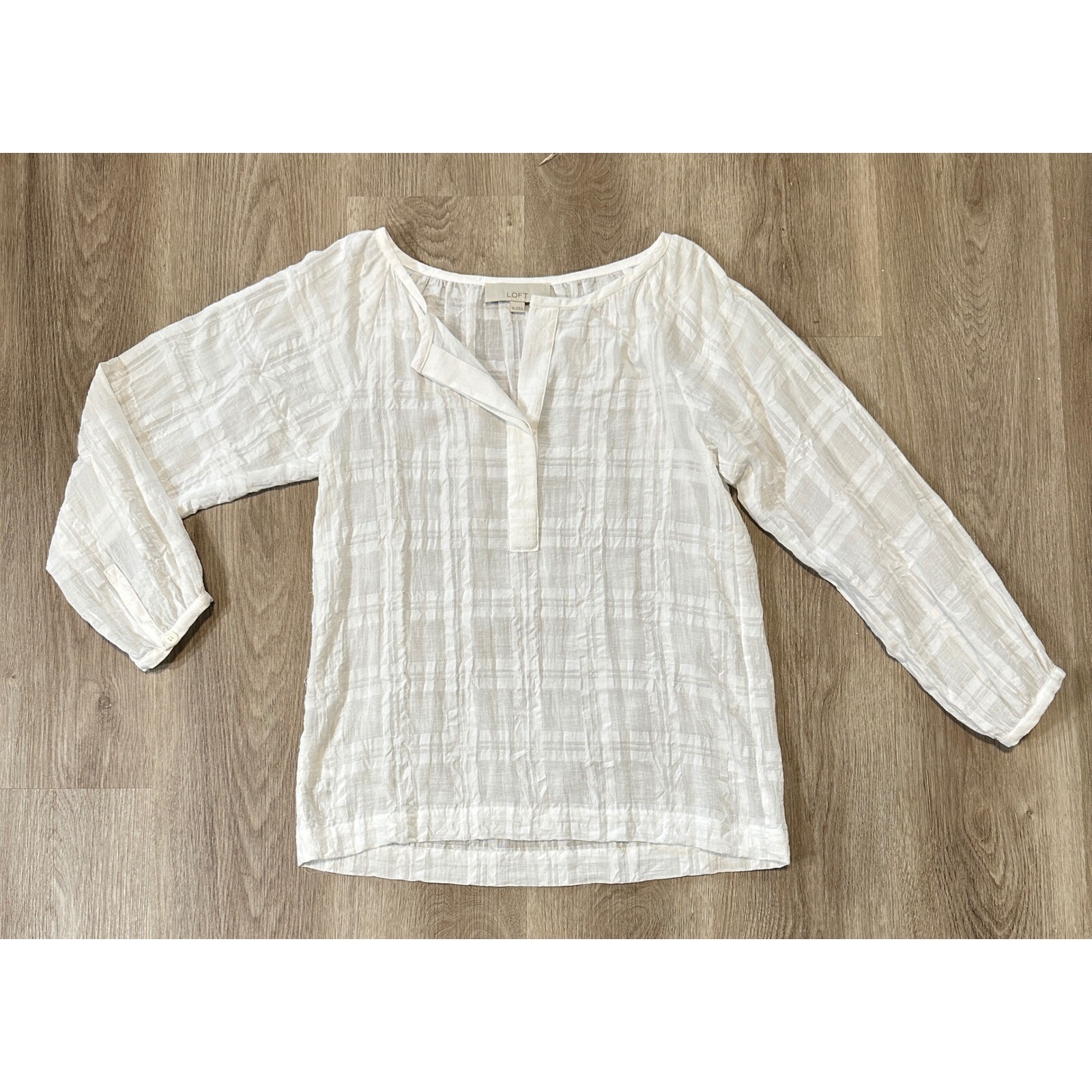 Loft Window Pane Pattern Blouse White Open V-Neck… - image 2