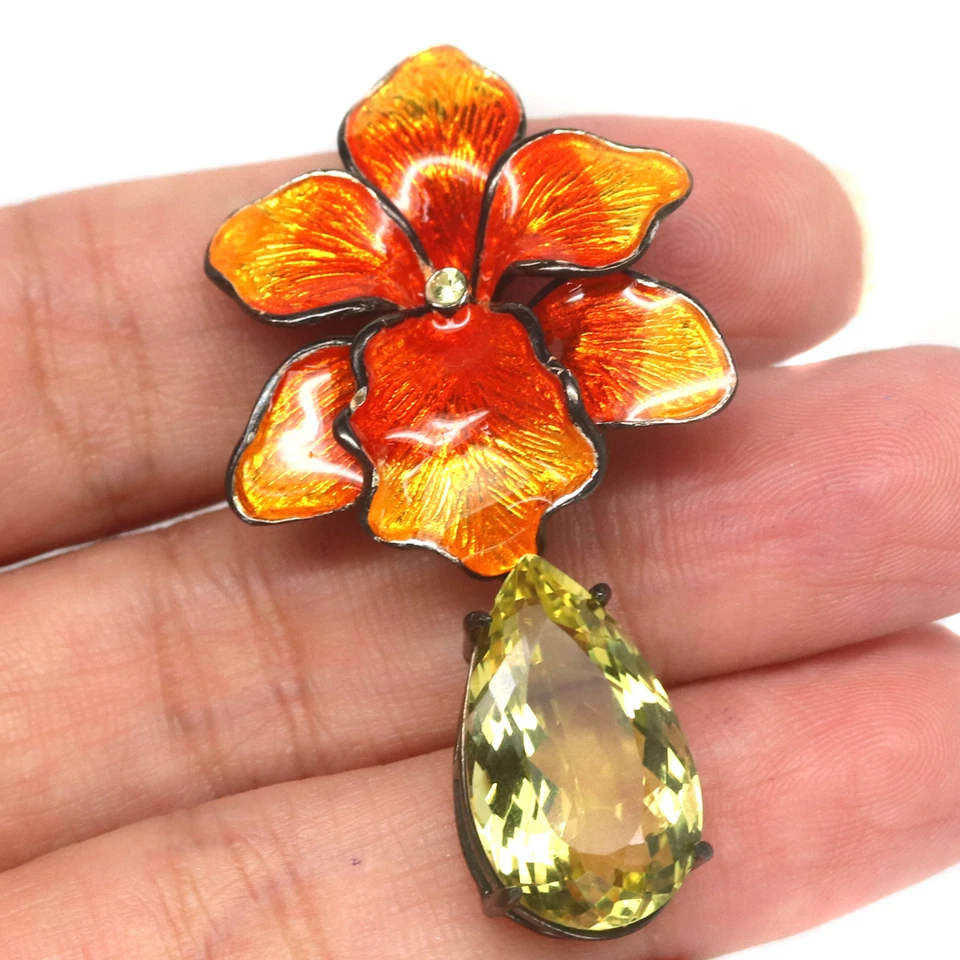 12 X 21 мм. Брошь цветок эмаль лимон-кварц и сапфир серебро 925 пробы - Изображение 2 из 4
